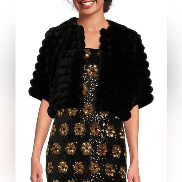 Alex Marie Alize Seamed Faux Fur Round Neck 3/4 Sleeve Bolero Jacket S - Picture 1 of 5